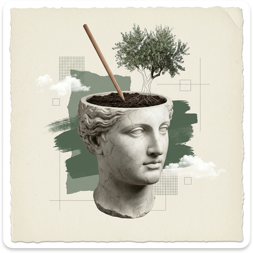 The winy mark: a cracked marble head used as a plant pot, with an olive tree and a wooden pencil growing out of it.